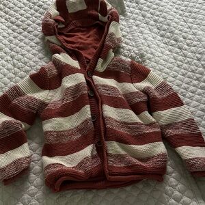 Kids Striped Hooded Jacket - Red and Cream